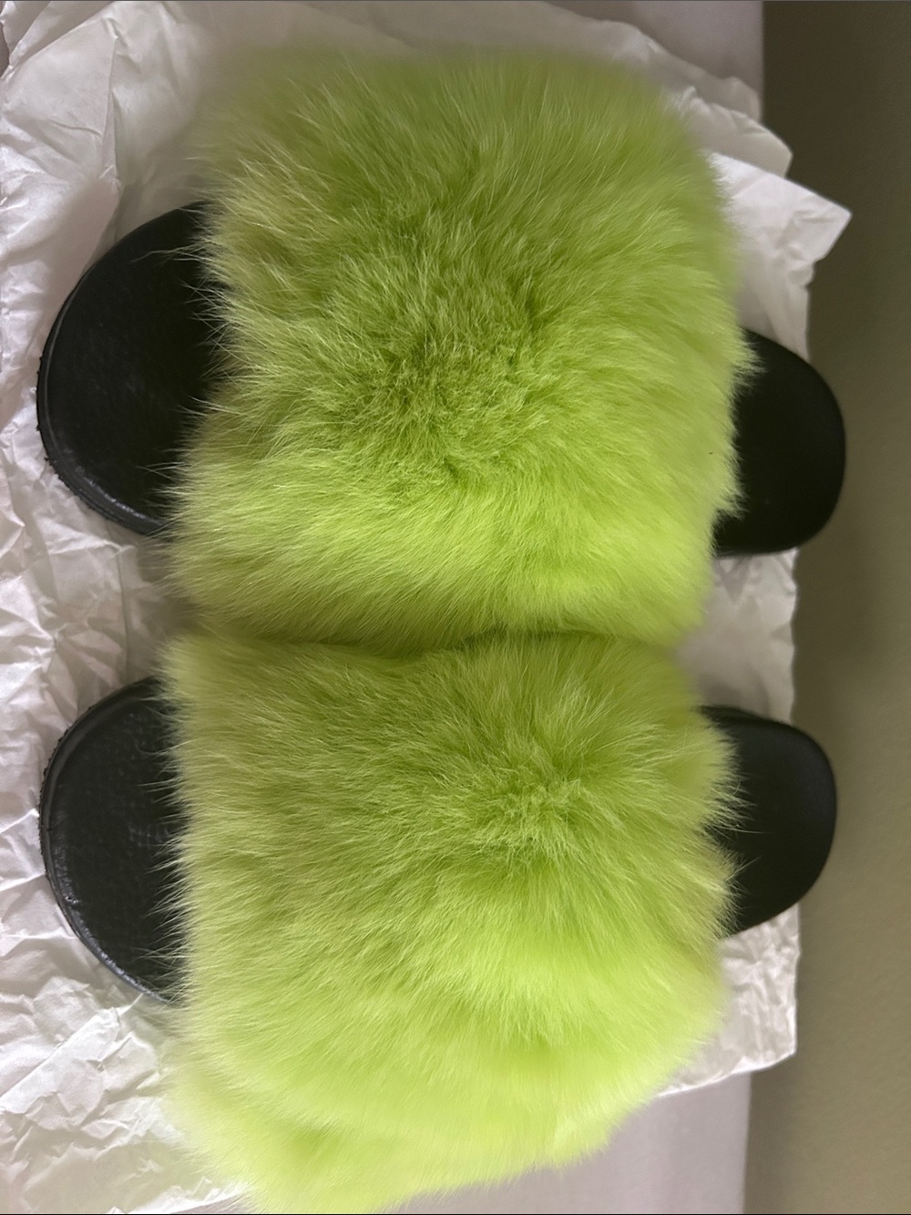 Faux Fur Slide Sandals - Neon Green